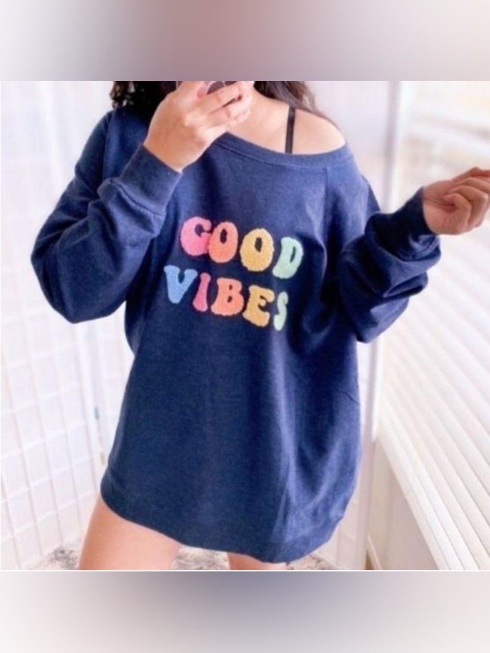 Wildfox Navy Off-Shoulder Good Vibes Sweatshirt with Rainbow Letters size small